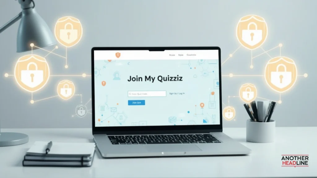 securely accessing joinmyquizziz.com on a laptop with cybersecurity shield and lock icons