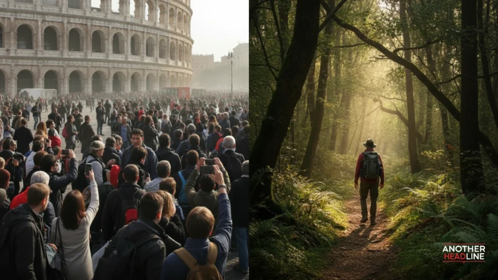 split scene of crowded tourist spot vs peaceful hidden trail with explorer unknown path – daskusza exploration