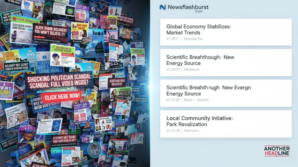 split screen showing chaotic news feed vs clean newsflashburst com interface