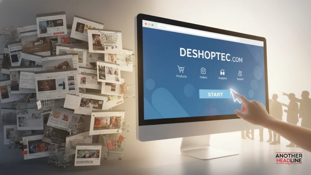 split screen showing cluttered websites vs clean deshoptec com platform