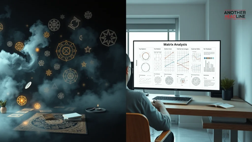 split-screen showing mystical destiny symbols and carmannews matrix destiny analysis charts on a laptop