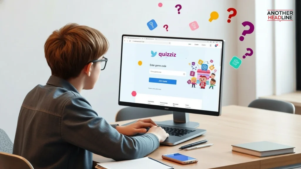 student joining a quiz on joinmyquizziz.com using a laptop with a quizizz game code entry screen