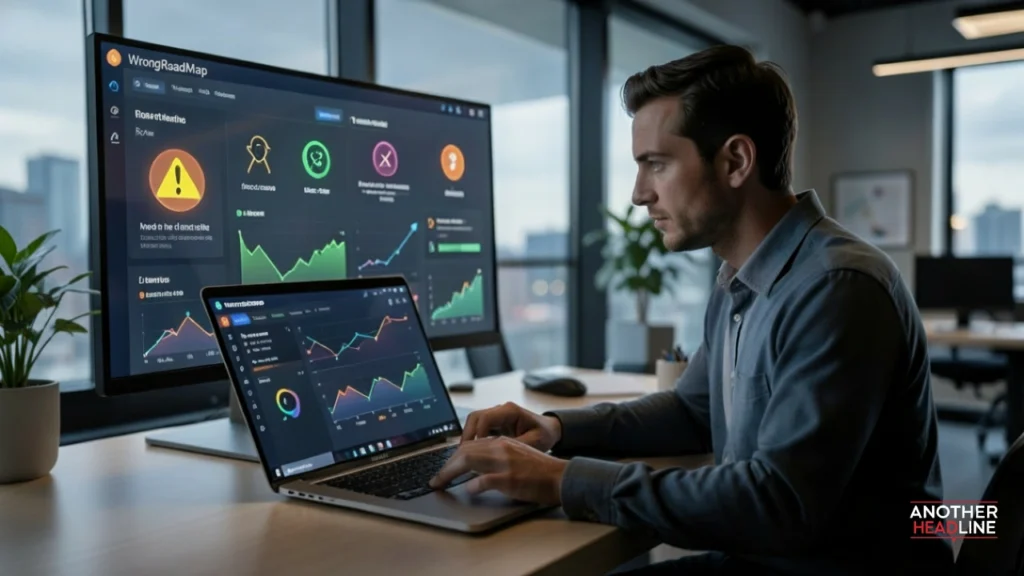 tech analyst reviewing risk indicators and data alerts on the wrongroadmap dashboard – wrongroadmap review