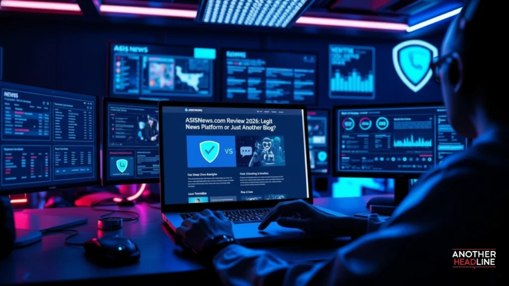 tech reviewer analyzing credibility and trust signals of asisnews.com in a futuristic digital newsroom 