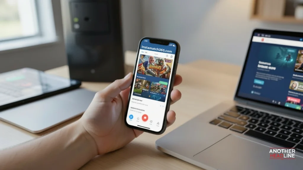 user accessing instamatch365.com on smartphone with mobile gaming interface