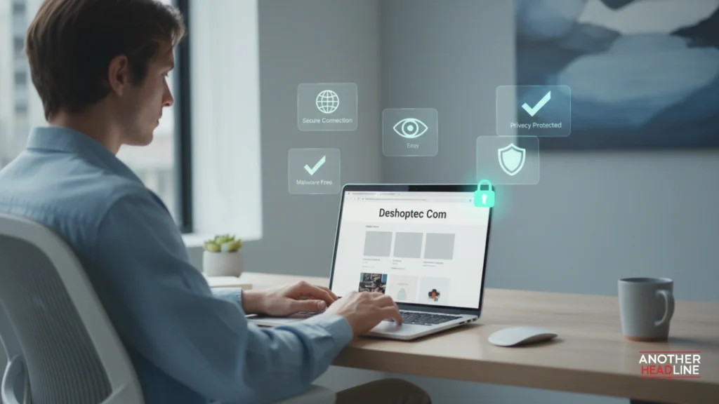 user browsing deshoptec com on laptop with security icons and safe browsing tips