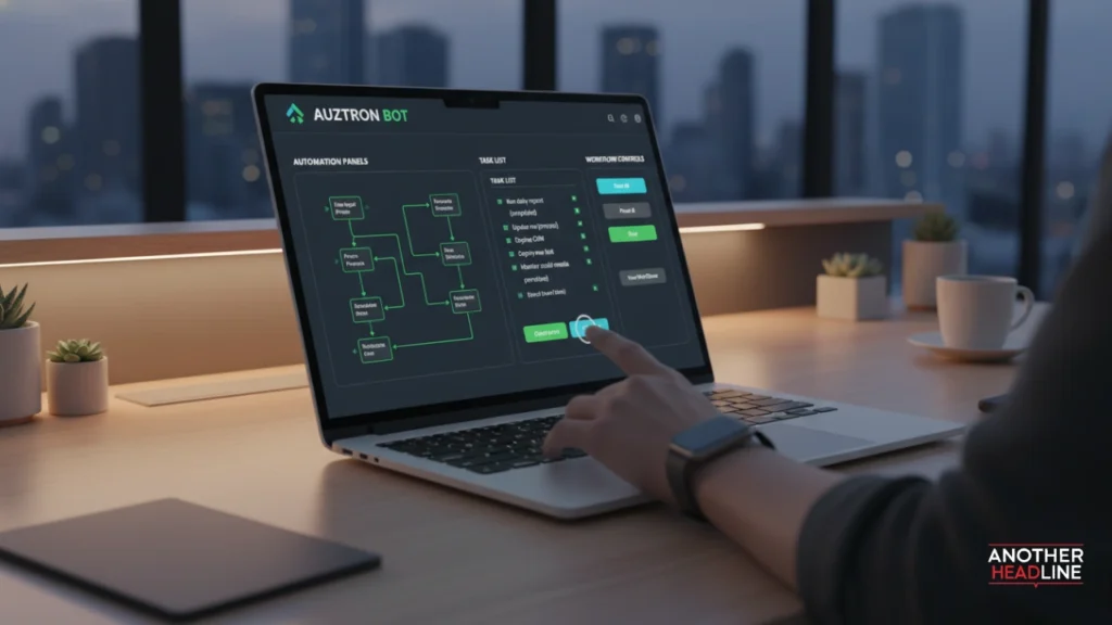 user interacting with auztron bot dashboard on laptop showing automation tasks