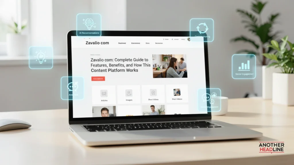 zavalio com platform on a modern laptop with clean interface and ai content features