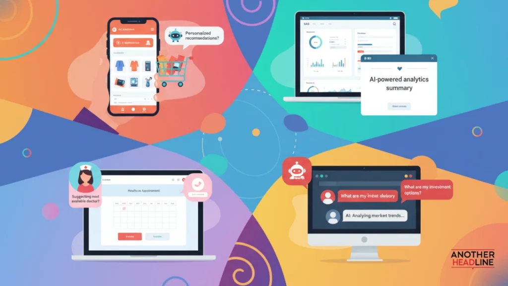 ai-powered konversky collage showing e-commerce, saas dashboard, healthcare booking, and financial chat interactions