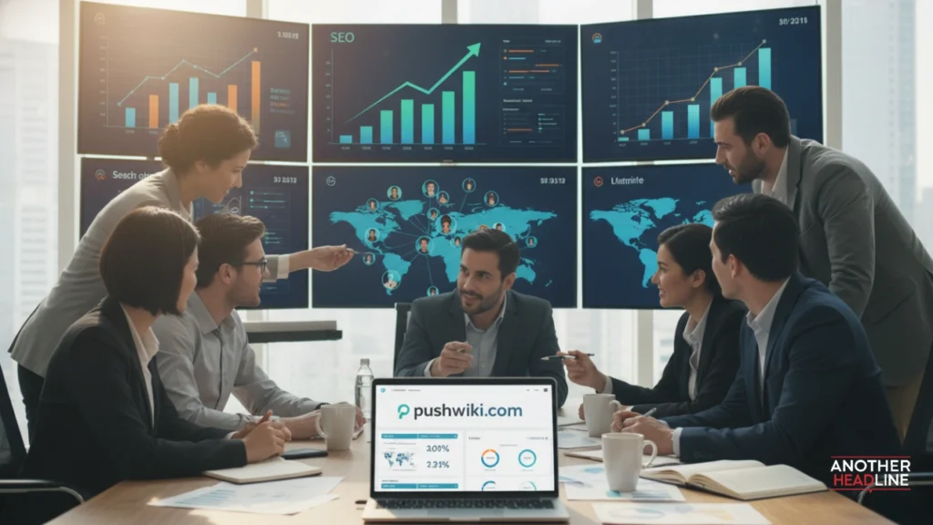 business team reviewing seo growth and analytics on pushwiki com platform