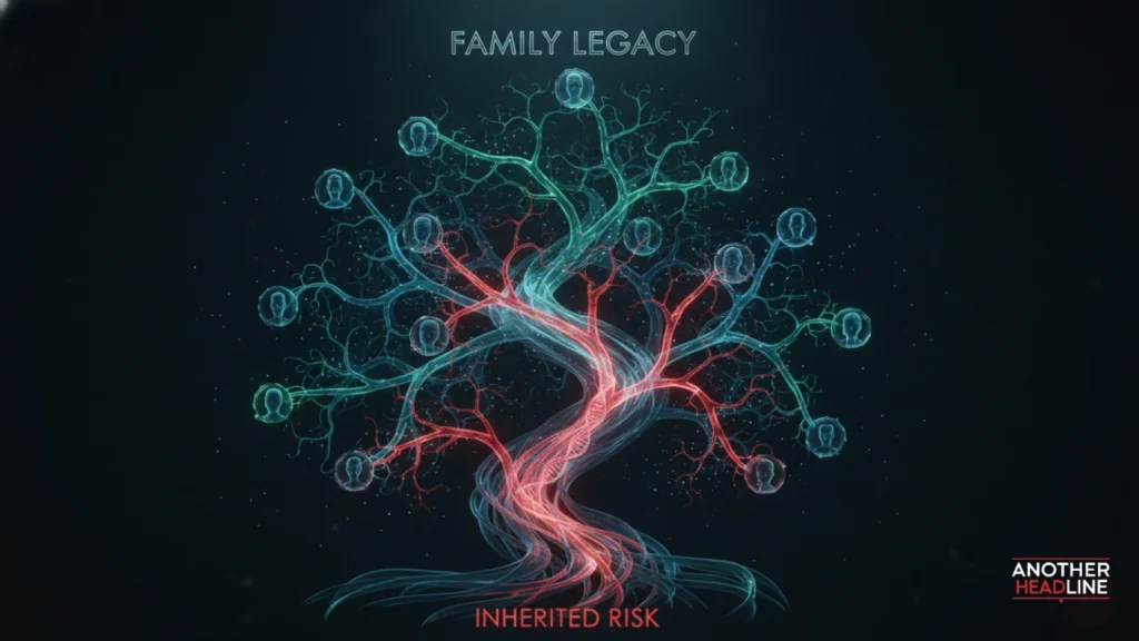 family tree with glowing genetic lines and red highlighted inherited risk - why does ozdikenosis kill you