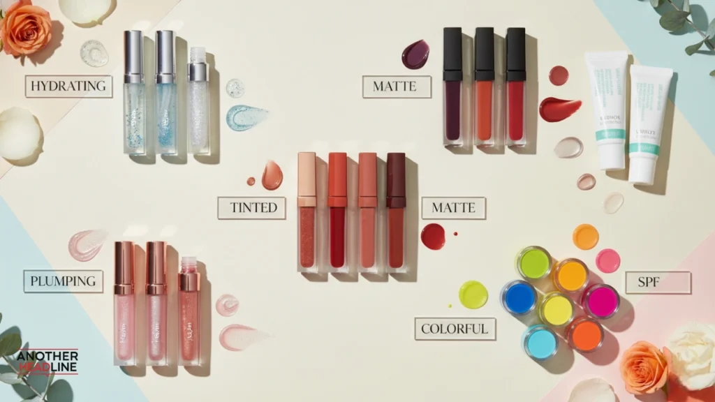 flat lay of hydrating, plumping, tinted, matte and spf lip gloss types from glossywise com