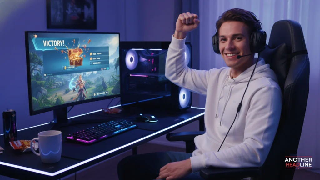 gamer celebrating win on garuda play55.com with rewards on screen