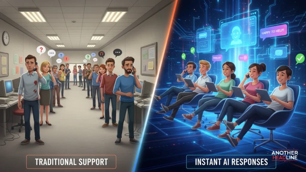 konversky split-screen showing frustrated users on slow support vs happy users with instant ai chat