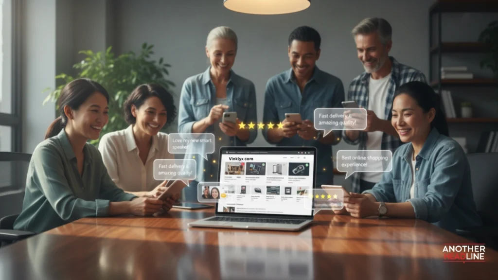 laptop showing vinklyx com, floating reviews and happy users giving 5-star ratings