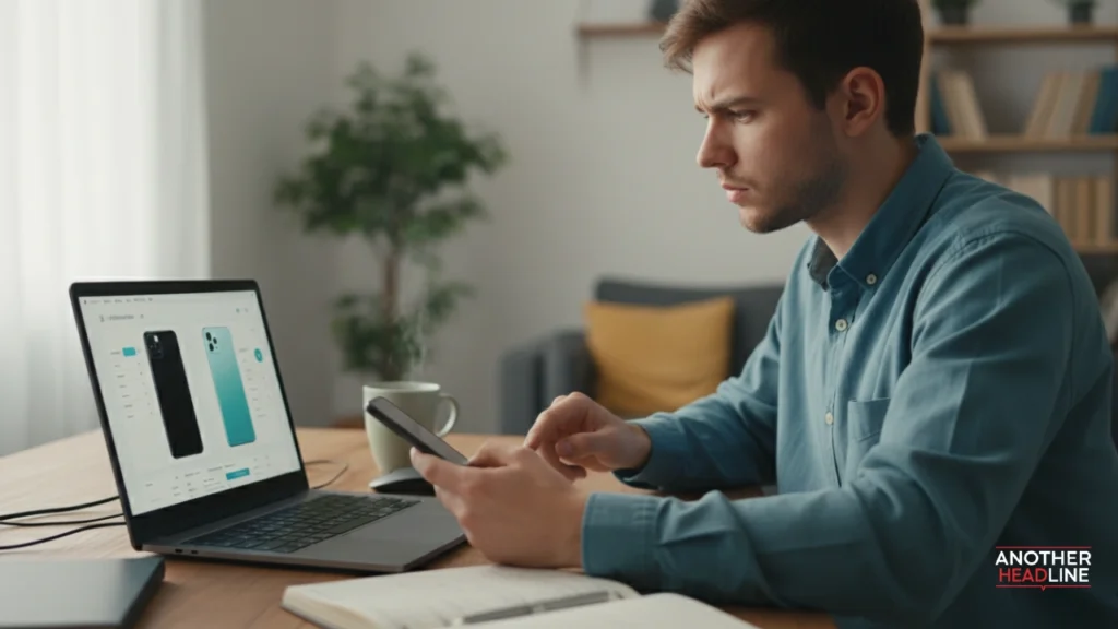 person comparing gadgets on laptop and smartphone at desk techgup org
