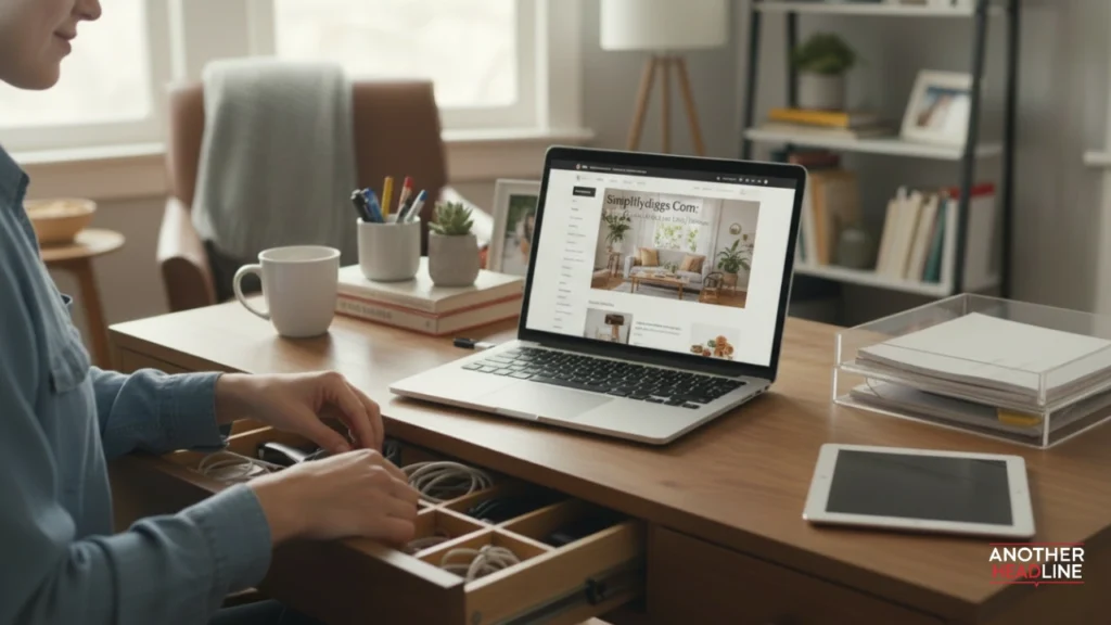 person organizing desk using simplifydiggs com tips in a realistic home setting