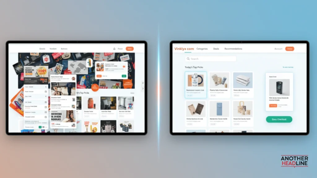 showing cluttered shopping site vs clean vinklyx com interface with easy navigation