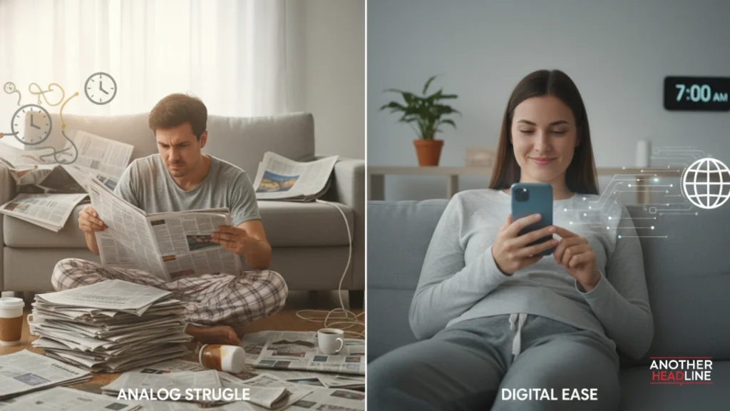 split scene of newspaper struggle vs easy smartphone news scrolling -  newsgiga com
